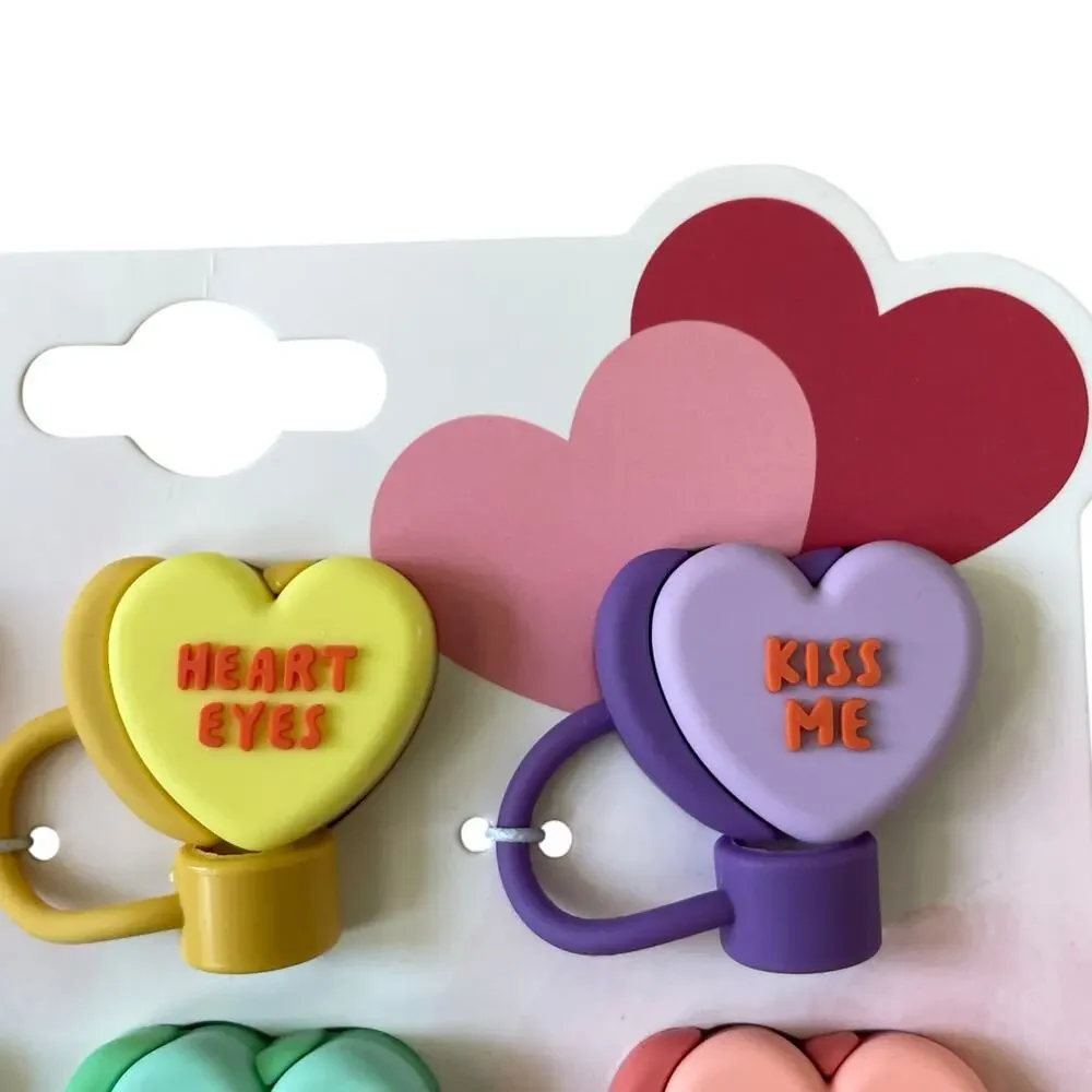 Conversation Heart Straw Toppers 6pk Valentines Day Multicolor Silicone XO New